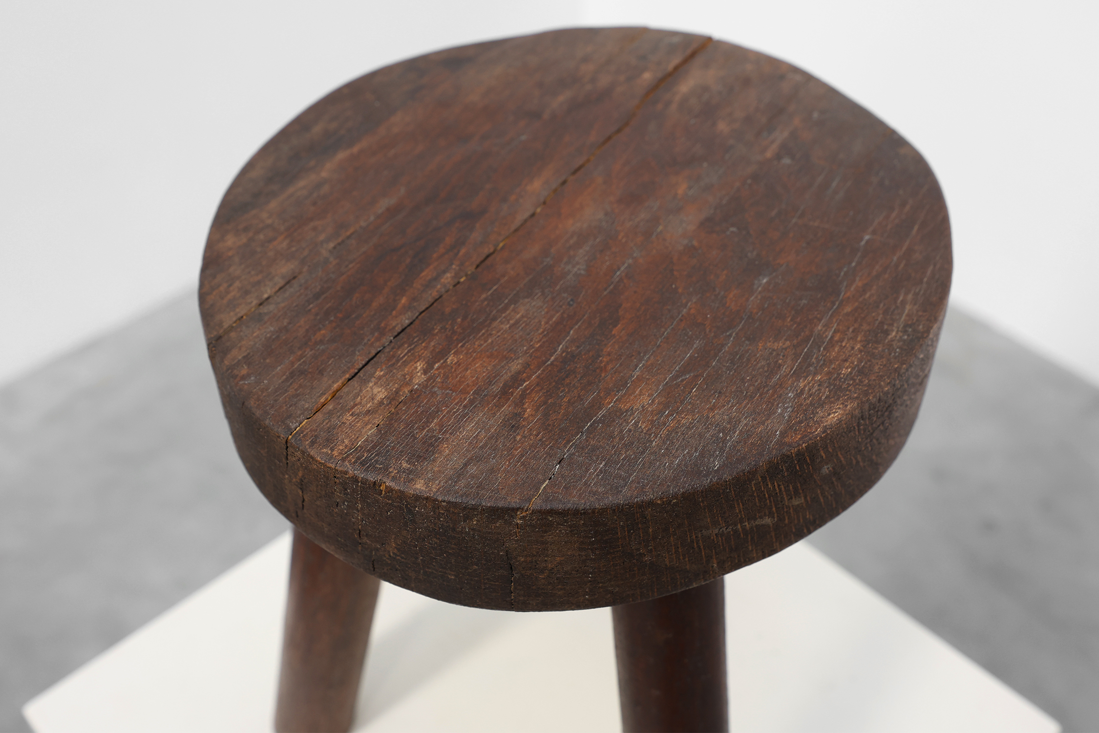 Rustic oak wooden tripod stool, France, ca. 1900thumbnail